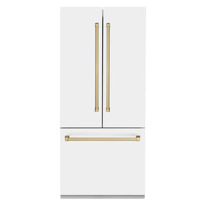 ZLINE 36" Autograph Edition 19.6 cu. ft. Built-in 3-Door French Door Refrigerator, Internal Water,Ice Dispenser, White Matte,Champagne Bronze Accents