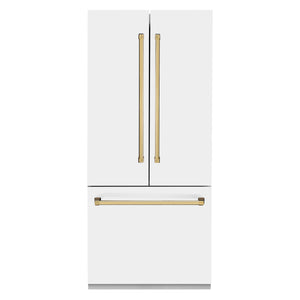 ZLINE 36" Autograph Edition 19.6 cu. ft. Built-in 3-Door French Door Refrigerator,Internal Water, Ice Dispenser, White Matte, Gold Accents