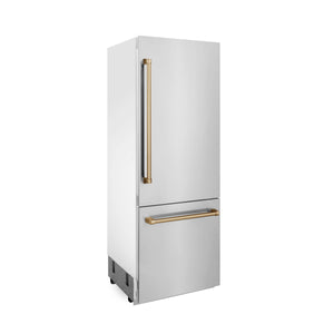 ZLINE 30” Autograph Edition 16.1 cu. ft.  2-Door Bottom Freezer Refrigerator, Internal Water, Ice Dispenser with Champagne Bronze Accents