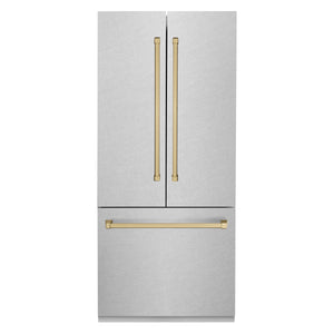 ZLINE 36” Autograph Edition 19.6 cu. ft. Built-in 3-Door French Door Refrigerator,Internal Water, Ice Dispenser, Fingerprint Resistant Stainless Steel,Champagne Bronze Accents