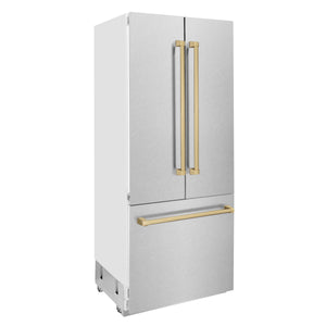 ZLINE 36” Autograph Edition 19.6 cu. ft. Built-in 3-Door French Door Refrigerator,Internal Water, Ice Dispenser, Fingerprint Resistant Stainless Steel,Champagne Bronze Accents