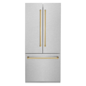 ZLINE 36" Autograph Edition 19.6 cu. ft. Built-in 3-Door French Door Refrigerator, Internal Water,Ice Dispenser,Fingerprint Resistant Stainless Steel,Gold Accents