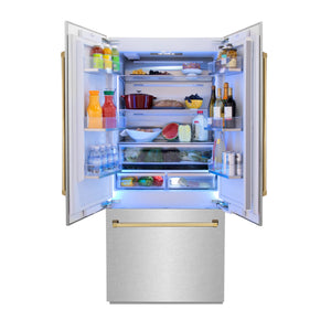 ZLINE 36" Autograph Edition 19.6 cu. ft. Built-in 3-Door French Door Refrigerator, Internal Water,Ice Dispenser,Fingerprint Resistant Stainless Steel,Gold Accents