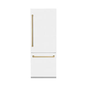 ZLINE 30" Autograph Edition 16.1 cu. ft. Built-in 2-Door Bottom Freezer Refrigerator, Internal Water, Ice Dispenser, White Matte,Champagne Bronze Accents