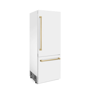 ZLINE 30" Autograph Edition 16.1 cu. ft. Built-in 2-Door Bottom Freezer Refrigerator, Internal Water, Ice Dispenser, White Matte,Champagne Bronze Accents