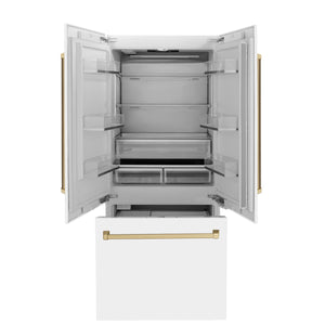 ZLINE 36" Autograph Edition 19.6 cu. ft. Built-in 3-Door French Door Refrigerator, Internal Water,Ice Dispenser, White Matte,Champagne Bronze Accents