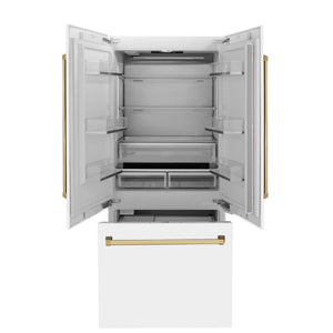 ZLINE 36" Autograph Edition 19.6 cu. ft. Built-in 3-Door French Door Refrigerator,Internal Water, Ice Dispenser, White Matte, Gold Accents