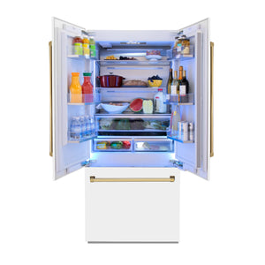 ZLINE 36" Autograph Edition 19.6 cu. ft. Built-in 3-Door French Door Refrigerator,Internal Water, Ice Dispenser, White Matte, Gold Accents