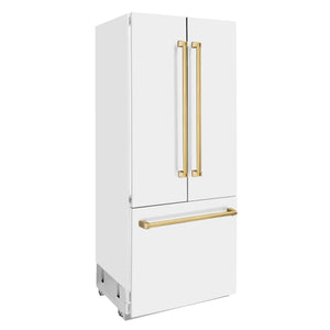 ZLINE 36" Autograph Edition 19.6 cu. ft. Built-in 3-Door French Door Refrigerator,Internal Water, Ice Dispenser, White Matte, Gold Accents