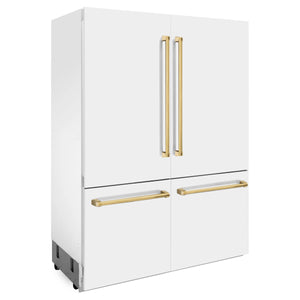 ZLINE 60" Autograph Edition 32.2 cu. ft. Built-in 4-Door French Door Refrigerator, Internal Water, Ice Dispenser, White Matte, Gold Accents