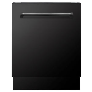 ZLINE Kitchen Package with Black Stainless Steel Refrigeration, 48" Rangetop, 48" Range Hood, 30" Double Wall Oven, and 24" Tall Tub Dishwasher