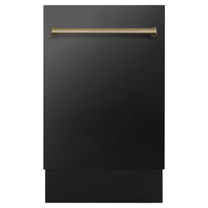 ZLINE Autograph Edition 18” Compact 3rd Rack Top Control Dishwasher in Black Stainless Steel with Champagne Bronze Handle, 51dBa (DWVZ-BS-18-CB)