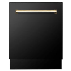 ZLINE 30" Autograph Edition Kitchen Package with Black Stainless Steel Dual Fuel Range, Range Hood, Dishwasher and Refrigeration with Gold Accents