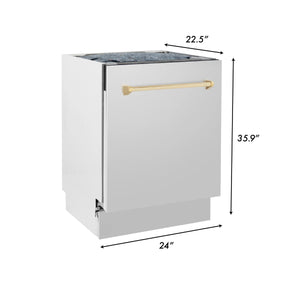 ZLINE Autograph Edition 24" 3rd Rack Top Control Tall Tub Dishwasher in Stainless Steel with Gold Handle, 51dBa (DWVZ-304-24-G)