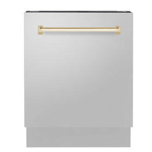 ZLINE 36" Autograph Edition Kitchen Package with Stainless Steel Dual Fuel Range, Range Hood, Dishwasher and Refrigeration with Gold Accents