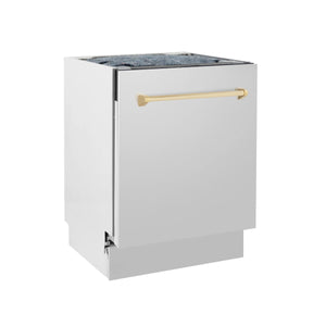 ZLINE Autograph Edition 24" 3rd Rack Top Control Tall Tub Dishwasher in Stainless Steel with Gold Handle, 51dBa (DWVZ-304-24-G)