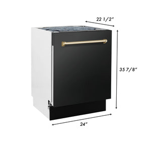 ZLINE 36" Autograph Edition Kitchen Package with Black Stainless Steel Dual Fuel Range, Range Hood and Dishwasher with Gold Accents