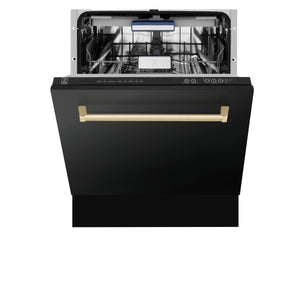 ZLINE 36" Autograph Edition Kitchen Package, Black Stainless Steel Dual Fuel Range, Range Hood, Dishwasher, Refrigeration, Champagne Bronze Accents