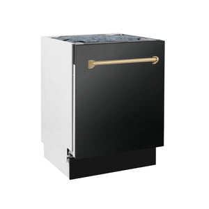 ZLINE Autograph Edition 24" 3rd Rack Top Control Tall Tub Dishwasher in Black Stainless Steel with Champagne Bronze Handle, 51dBa (DWVZ-BS-24-CB)