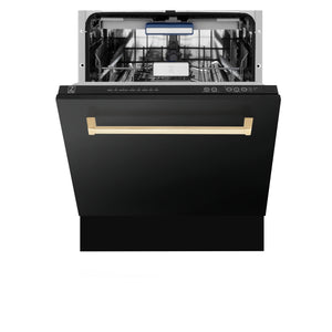 ZLINE Autograph Edition 24" 3rd Rack Top Control Tall Tub Dishwasher in Black Stainless Steel with Gold Handle, 51dBa (DWVZ-BS-24-G)