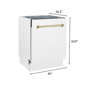 ZLINE Autograph Edition 24" 3rd Rack Top Control Tall Tub Dishwasher in White Matte with Champagne Bronze Handle, 51dBa (DWVZ-WM-24-CB)