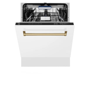 ZLINE Autograph Edition 24" 3rd Rack Top Control Tall Tub Dishwasher in White Matte with Champagne Bronze Handle, 51dBa (DWVZ-WM-24-CB)