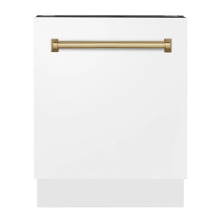 ZLINE Autograph Edition 24" 3rd Rack Top Control Tall Tub Dishwasher in White Matte with Champagne Bronze Handle, 51dBa (DWVZ-WM-24-CB)