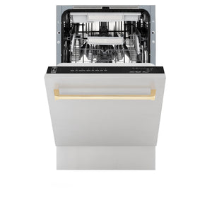 ZLINE Autograph Edition 18” Compact 3rd Rack Top Control Dishwasher in Stainless Steel with Gold Handle, 51dBa (DWVZ-304-18-G)