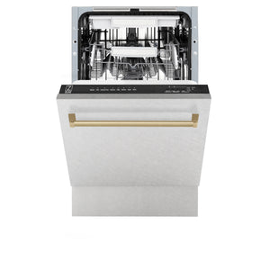 ZLINE Autograph Edition 18” Compact 3rd Rack Top Control Dishwasher in DuraSnow® Stainless Steel with Champagne Bronze Handle, 51dBa (DWVZ-SN-18-CB)