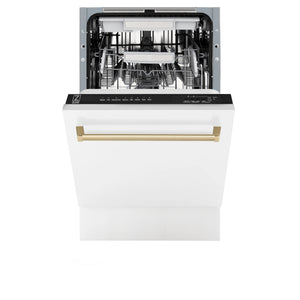 ZLINE Autograph Edition 18” Compact 3rd Rack Top Control Dishwasher in White Matte with Champagne Bronze Handle, 51dBa (DWVZ-WM-18-CB)