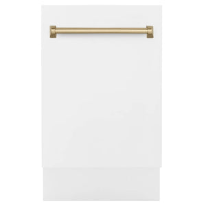 ZLINE Autograph Edition 18” Compact 3rd Rack Top Control Dishwasher in White Matte with Champagne Bronze Handle, 51dBa (DWVZ-WM-18-CB)