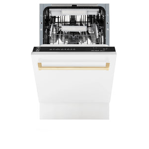 ZLINE Autograph Edition 18” Compact 3rd Rack Top Control Dishwasher in White Matte with Gold Handle, 51dBa (DWVZ-WM-18-G)