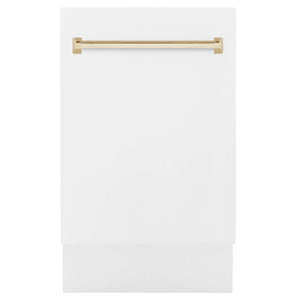 ZLINE Autograph Edition 18” Compact 3rd Rack Top Control Dishwasher in White Matte with Gold Handle, 51dBa (DWVZ-WM-18-G)