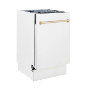 ZLINE Autograph Edition 18” Compact 3rd Rack Top Control Dishwasher in White Matte with Gold Handle, 51dBa (DWVZ-WM-18-G)