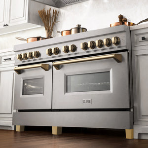 ZLINE Autograph Edition 60" 7.4 cu. ft. Dual Fuel Range with Gas Stove and Electric Oven in DuraSnow Stainless Steel with Gold Accents (RASZ-SN-60-G)