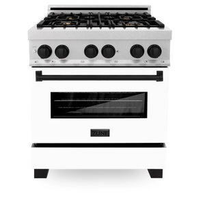 ZLINE Autograph Edition 30" 4.0 cu. ft. Dual Fuel Range, Gas Stove, Electric Oven in DuraSnow® Steel, White Matte Door, Matte Black Accents