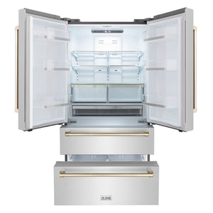 ZLINE 36" Autograph Edition 22.5 cu. ft French Door Refrigerator, Ice Maker in Fingerprint Resistant Stainless Steel, Gold Accents