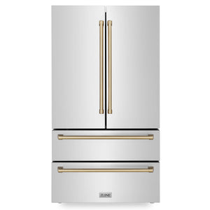 ZLINE 36" Autograph Edition 22.5 cu. ft French Door Refrigerator, Ice Maker in Fingerprint Resistant Stainless Steel, Champagne Bronze Accents