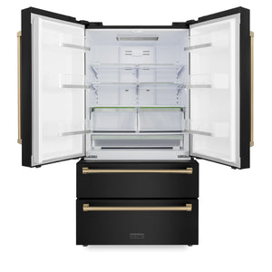 ZLINE 36" Autograph Edition 22.5 cu. ft French Door Refrigerator, Ice Maker in Fingerprint Resistant Black Stainless Steel, Champagne Bronze Accents