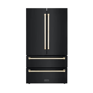 ZLINE 48" Autograph Edition Kitchen Package with Black Stainless Steel Dual Fuel Range, Range Hood, Dishwasher and Refrigeration with Gold Accents