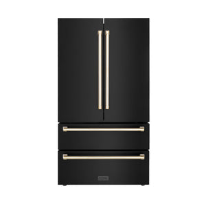 ZLINE 36" Autograph Edition 22.5 cu. ft French Door Refrigerator, Ice Maker in Fingerprint Resistant Black Stainless Steel, Gold Accents