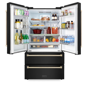 ZLINE 36" Autograph Edition 22.5 cu. ft French Door Refrigerator, Ice Maker in Fingerprint Resistant Black Stainless Steel, Champagne Bronze Accents