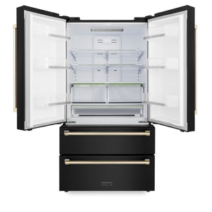 ZLINE 36" Autograph Edition 22.5 cu. ft French Door Refrigerator, Ice Maker in Fingerprint Resistant Black Stainless Steel, Gold Accents