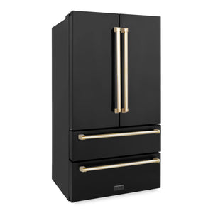 ZLINE 30" Autograph Edition Kitchen Package with Black Stainless Steel Dual Fuel Range, Range Hood, Dishwasher and Refrigeration with Gold Accents