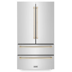 ZLINE 36" Autograph Edition Kitchen Package with Stainless Steel Dual Fuel Range, Range Hood, Dishwasher and Refrigeration with Gold Accents