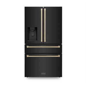 ZLINE 36" Autograph Edition 21.6 cu. ft French Door Refrigerator, Water, Ice Dispenser in Black Stainless Steel, Champagne Bronze Handles