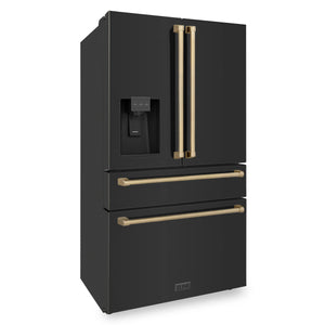 ZLINE 36" Autograph Edition 21.6 cu. ft French Door Refrigerator, Water, Ice Dispenser in Black Stainless Steel, Champagne Bronze Handles