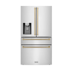 ZLINE 36" Autograph Edition 21.6 cu. ft French Door Refrigerator, Water, Ice Dispenser in Stainless Steel, Champagne Bronze Accents