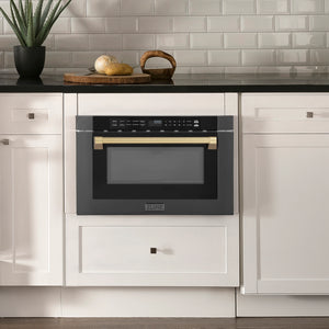 ZLINE Autograph Edition 24" 1.2 cu. ft. Built-in Microwave Drawer in Black Stainless Steel and Champagne Bronze Accents