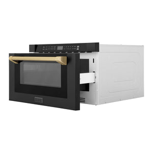 ZLINE Autograph Edition 24" 1.2 cu. ft. Built-in Microwave Drawer in Black Stainless Steel and Champagne Bronze Accents